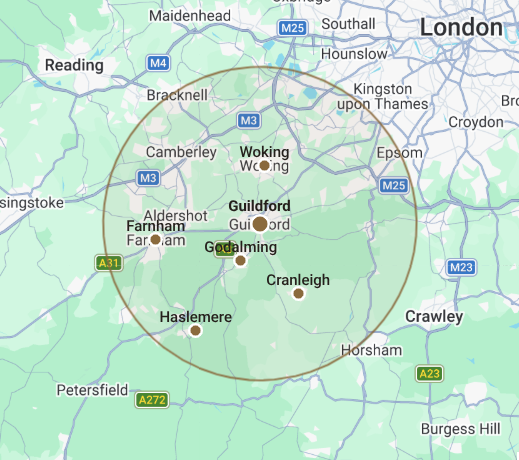 Map showing the Surrey coverage area around Farnham